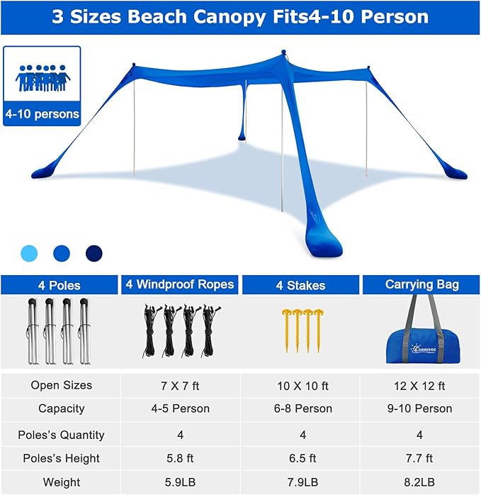 COMMOUDS Beach Tent Sun Shelter - UPF50+ Pop Up Beach Canopy with Sandbags & Sand Shovel & Windproof Poles, Portable Sun Shade for Beach, Camping, Picnics, Backyard-CubbioJoy