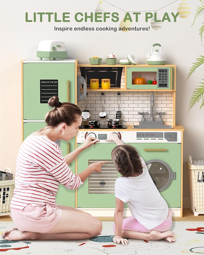 Babytronic Wooden Kitchen Playset for Kids, Interactive Play Kitchen with Lights & Sounds, Children Pretend Toy Kitchen Set with Faucet, Oven, Microwave, Kitchenware for Toddlers Ages 3+ (Green&Wood)-CubbioJoy