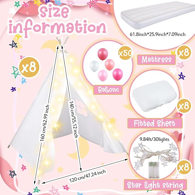 8 Pack Sleepover Tent for Girls Party,Teepee Tent for Kids Slumber Party Bulk with Light String,Air Mattress,Fitted Sheet,Washable Natural Cotton Toddler Teepee Indoor Outdoor(White)-CubbioJoy