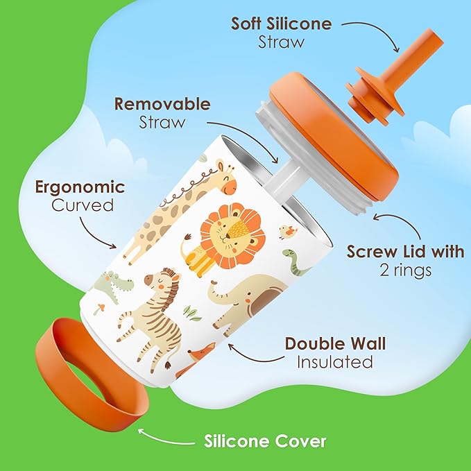 Kid Insulated Stainless Steel Tumbler with Silicone Straw, 12oz Sippy Cup for Kids (Jungle Animals)-CubbioJoy