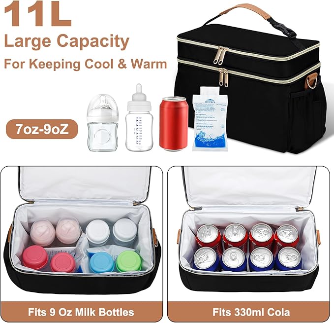 Breastmilk Cooler Bag with 6 Ice Pack, Wearable Breast Pump Bag Compatible with Willow, Elvie, Medela & Momcozy M5/S12 Pro Pumps & Accessories for Work, Travel and Family Use Black-CubbioJoy