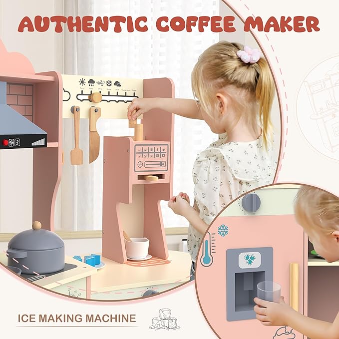 ANPABO Play Kitchen for Kids, Wooden Kitchen Playset w/Real Lights & Sounds, Coffee & Ice Maker, Microwave, Stove, 30Pcs Accessories Include Play Food, Pretend Play Set for Boys & Girls, Pink-CubbioJoy