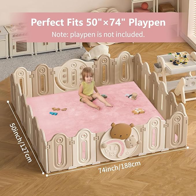 Baby Play Mat for Floor,1.3" Thick Elasti-Foam 50"×74" Playpen Mat for Tummy Time,Water Repellent Soft Coral Velvet for Toddler,Infant,Kids,Non-Slip Backing Safe for Crawling(Pink)-CubbioJoy