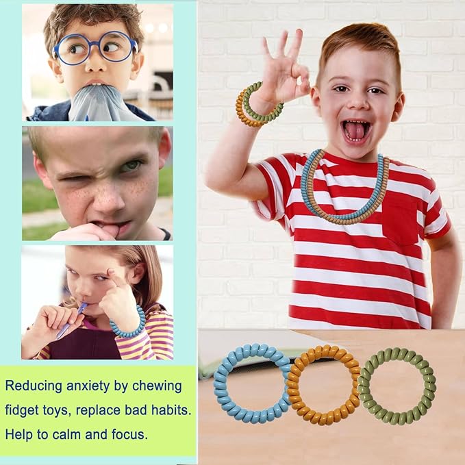Chewy Necklace for Sensory Kids, 12 Pack Stretchy Fidget Bracelet Necklace for Boys with Autism ADHD SPD, Sensory Fidget for Kids 8-12 Reduce Biting Stress and Anxiety-CubbioJoy