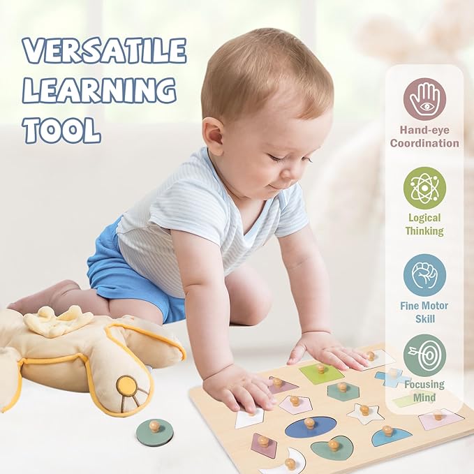 Adena Montessori Wooden Shape Peg 16 Piece Puzzle for Toddlers 2-4,Montessori Colorful Shapes Sorter Board,Geometric Color Matching Toys for Girls Boys 18-24 Months,Baby & Toddler Eearly Learning Gift-CubbioJoy