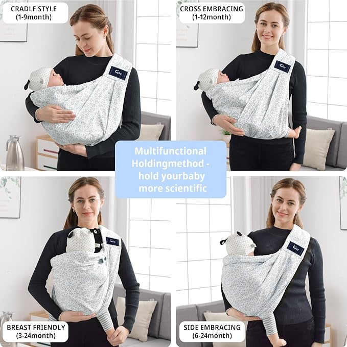 CUBY Wrap Baby Sling Carrier, Baby Wraps Sling Carrier Adjustable Breathable Lightweight Easy to Wearing - Baby Slings for Newborn Infant Toddler Front & Hip Carry Up to 40lbs (Blue Flower)-CubbioJoy