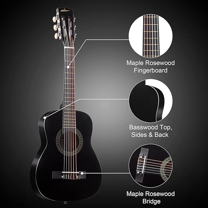 ADM Beginner Acoustic Classical Guitar 30 Inch Nylon Strings Wooden Guitar Bundle Kit for Kid Boy Girl Student Youth Guitarra Online Lessons with Gig Bag, Strap, Tuner, Extra Strings, Picks,Black 1-CubbioJoy