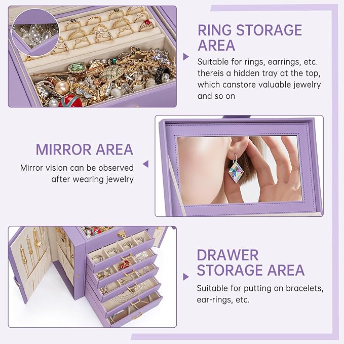 AKOZLIN 6-Tier Jewelry Box Organizer Functional 5 Drawers Leather Jewelry Storage Case for Women Girls Ring Necklace Earring Bracelet Holder Organizer with Mirror Violet-CubbioJoy