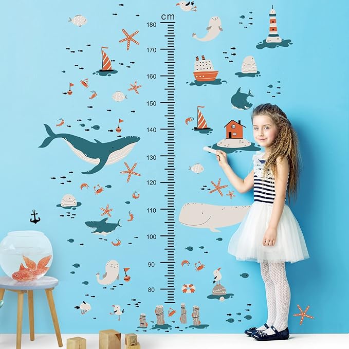 3D Cartoon Height Growth Chart for Kids Wall Decal Removable DIY Whale Ocean Animal Wall Decal Peel and Stick Sailing House Art Decor for Kids Nursery Bedroom Living Room Bathroom Decor-CubbioJoy