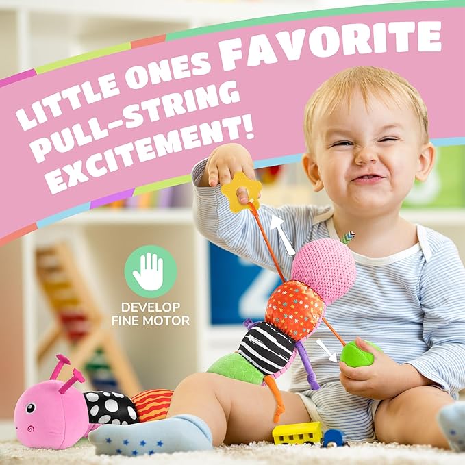 Baby Toys 6-12 Months Music Caterpillar Infant Toys Stuffed Animals 0-3-6 Months Teething Tummy Time Sensory Toys with Mirror Rattle&Pull String for Boys Girls Birthday Gifts|Pink,Knot Limb-CubbioJoy