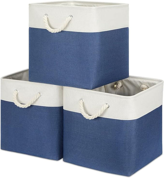 Bidtakay Storage Baskets Large Cube Storage Bins Fabric Baskets for Organizing Shelves 13x13 Navy Blue Square Storage Bins Large Set of 3 Linen Closet Organizers for Cabinet Home-CubbioJoy