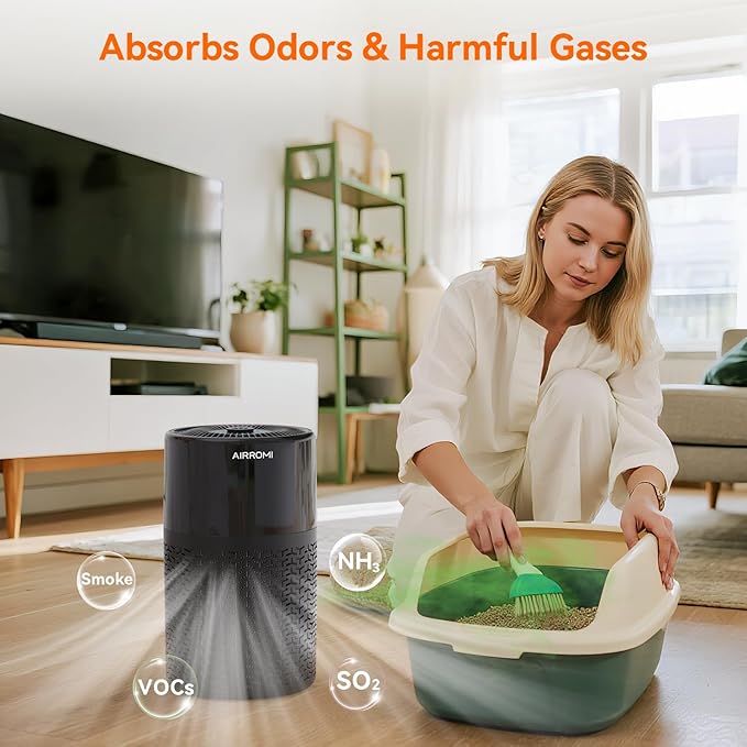 AIRROMI Pets Air Purifier for Home Allergies,Up to 660 ft².Yellow Deodorizing Activated Carbon Filter,With Fragrance Sponge for Better Sleep,Night Light,Pet Dander,Smoke,Odors,Air Cleaner A2002 Black-CubbioJoy