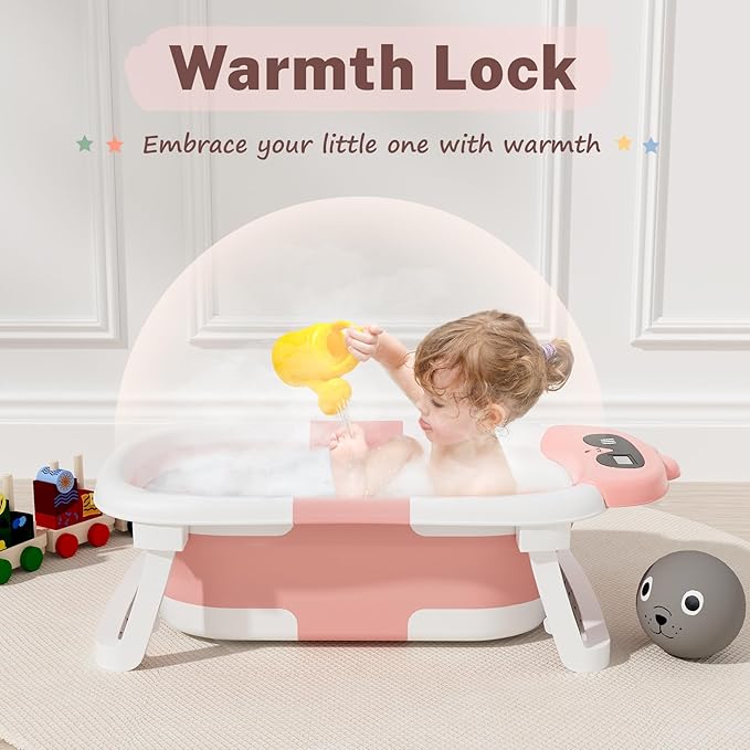 AVIDOR Baby Bathtub,Collapsible Bathtub for Newborn to Toddler,Durable Essential Infant Bath Tub,Portable Travel Baby Tub with Soft Bath Net,No-Slip Feet and Dinosaur Shaped (Pink)-CubbioJoy
