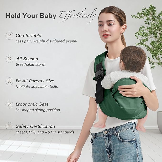 Baby Sling Carrier, Toddler Carrier Sling with Double Safety Buckle and Adjustable Shoulder Strap(7-30lbs), Baby Carriers One Size Fits All, Dark Green-CubbioJoy