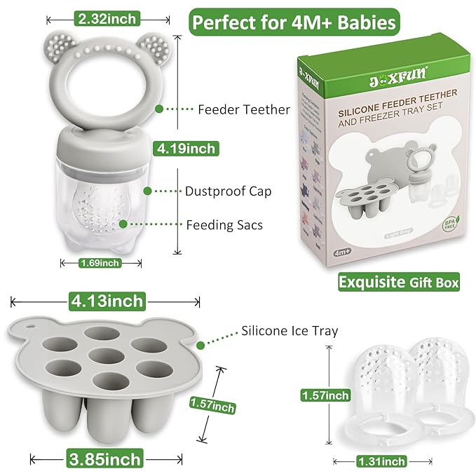 JEXFUN Baby Fruit Food Feeder & Mini Freezer Nibble Tray Combo, Breastmilk Popsicle Molds for Baby Cooling Relief, BPA Free Silicone Feeder for Safe Infant Self Feeding, 4 Month+ (Light Grey)-CubbioJoy