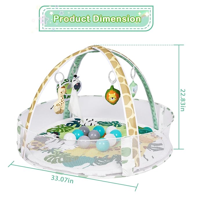 Baby Play Mat, 4-in-1 Baby Play Gym Tummy Time Mat with Ball Pit and 5 Detachable Toys for Newborn to Develop Sensory Exploration and Motor Skill 0-6-12 Months-CubbioJoy