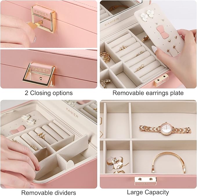 KAMIER Jewelry Boxes for Women, 2 Layers PU Leather Travel Jewelry Box, Large Capacity, Double Lock and Large Mirror, Hidden Necklace Hooks, Removable Dividers, Gift Box Packaging, Pink-CubbioJoy