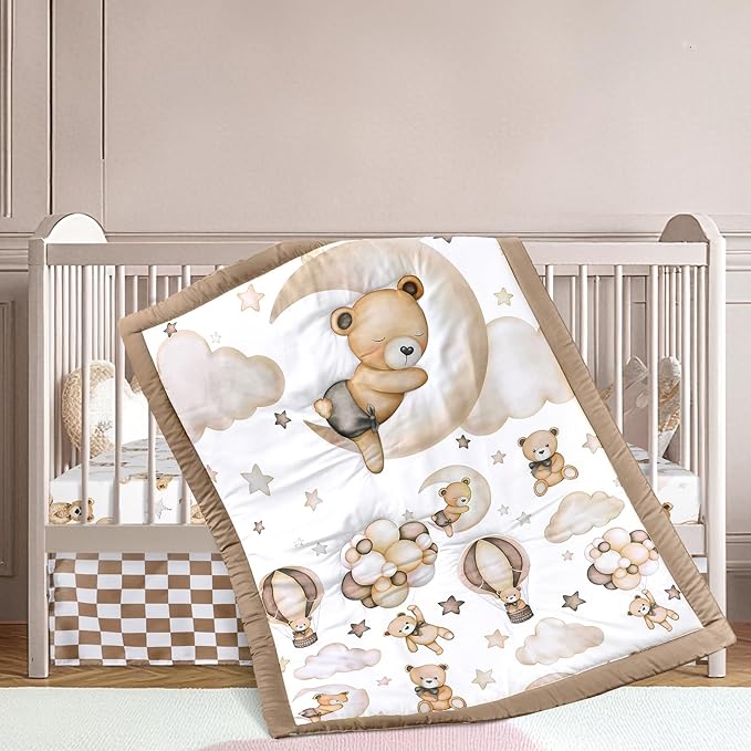 3 Pcs Baby Crib Bedding Set Safari Animals Dinosaurs Bear Woodland Animals Jungle Crib Set Includes Quilt, Fitted Sheet, Skirt for Baby Boy Girl(Brown,Teddy Bear)-CubbioJoy