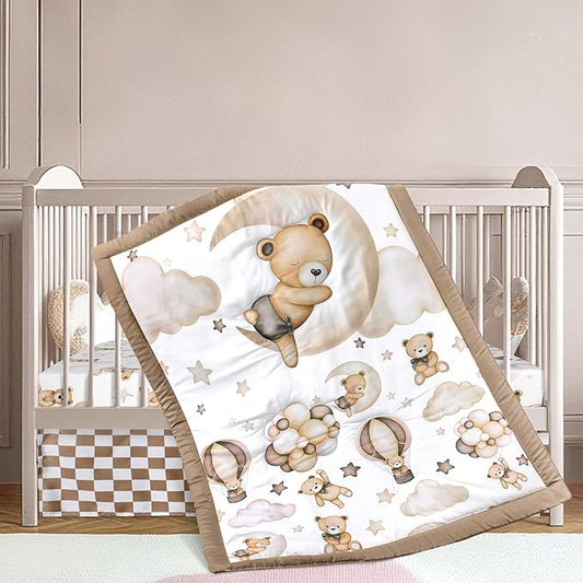 3 Pcs Baby Crib Bedding Set Safari Animals Dinosaurs Bear Woodland Animals Jungle Crib Set Includes Quilt, Fitted Sheet, Skirt for Baby Boy Girl(Brown,Teddy Bear)-CubbioJoy