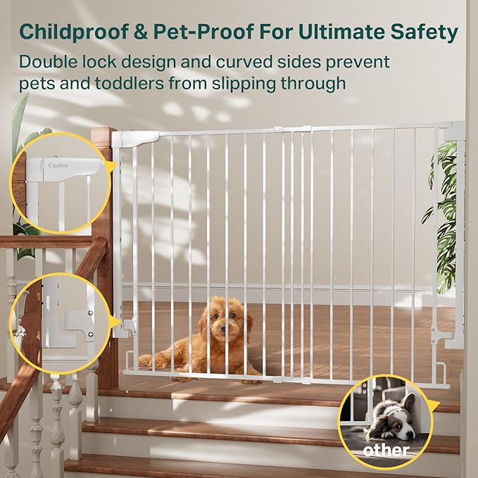 Cumbor 34" Extra Tall No Bottom Bar Baby Gate for Stairs, Auto Close Dog Gate Indoor for Larger Pets, 31.6-48" Hardware Mounted Safety Gate for Doorways, Wide Walk Thru Door for Easy Access (White)-CubbioJoy