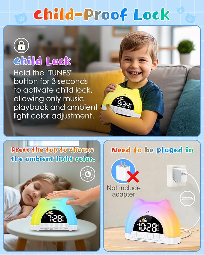 Kids Alarm Clock, OK to Wake Clock for Kids, Cat Clock with 11 Colors Night Light, 10 Soothing Sounds, Child Lock, Dual Alarms, Sleep Training, Birthday Gift for Boy Girls Children-CubbioJoy