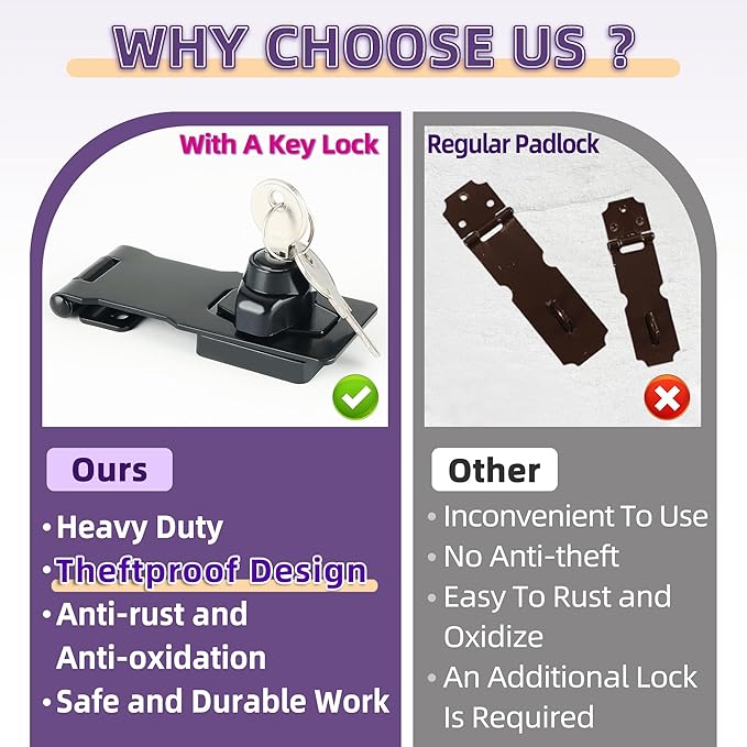 Alise Keyed Hasp Lock,4 Inch Safety Packlock Clasp Hasps Latch,Black Door Hinge Lock with Keys Keyed Locking Hasps for Cabinet,Closet,Drawer, Barn,Fence,Garage Doors-CubbioJoy