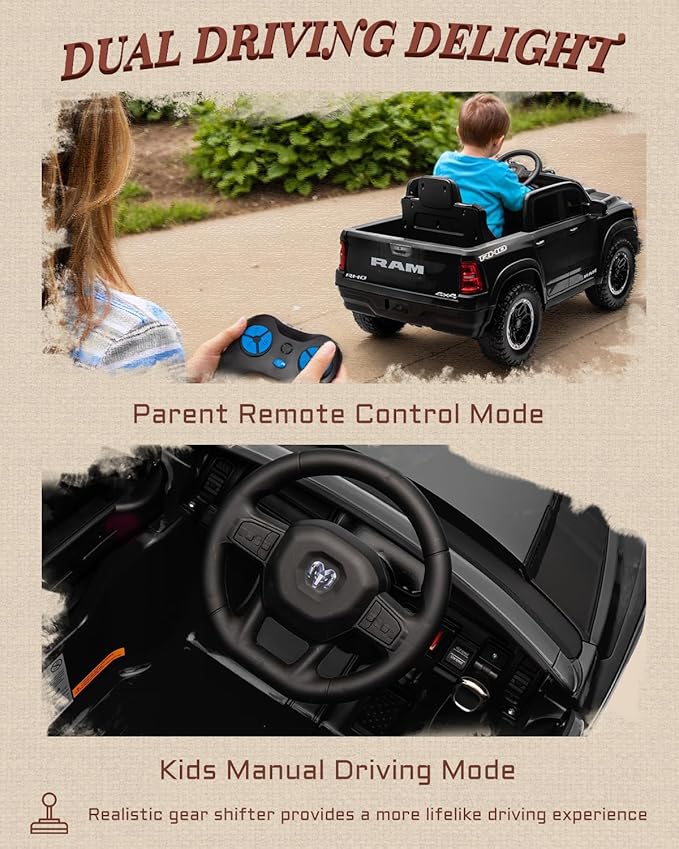 12V Licensed Ram 1500 Ride on Toy for Kids, Toddler Ride on Pickup Truck with Parent Remote Control, Electric Car for Kids with Truck Bed Storage, 3 Point Safety Belt (Black)-CubbioJoy