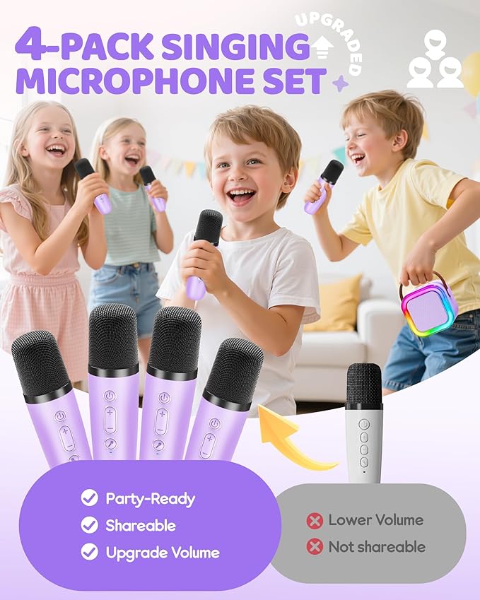 IROO Mini Karaoke Machine for Kids, 2025 TOP Toys Birthday Gifts Ideas for Girls Ages 4, 5, 6, 7, 8, 9, 10, 12+ Years Old, Portable MP3 Player with 4 Wireless Mics for Party-CubbioJoy