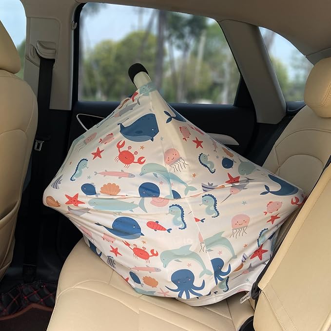 Carseat Cover Boy and Girls - Multi-use Nursing Car Seat Canopy Cover for Breastfeeding, Infant Stroller Cover, High Chair Cover (Cute Fish)-CubbioJoy