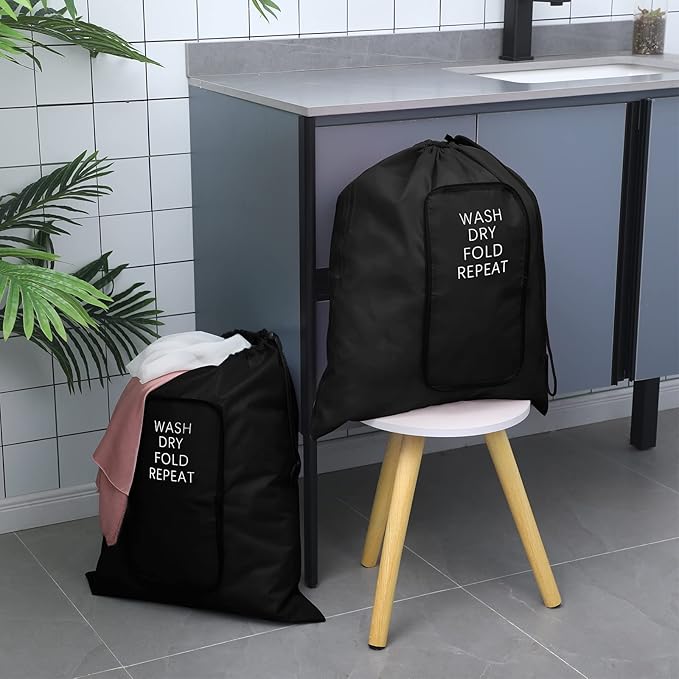 2 Pcs Travel Laundry Bag Washable Dirty Clothes Bag with Drawstring and Zipper for Suitcase, 22 x 18 Inch (Black,Classic)-CubbioJoy