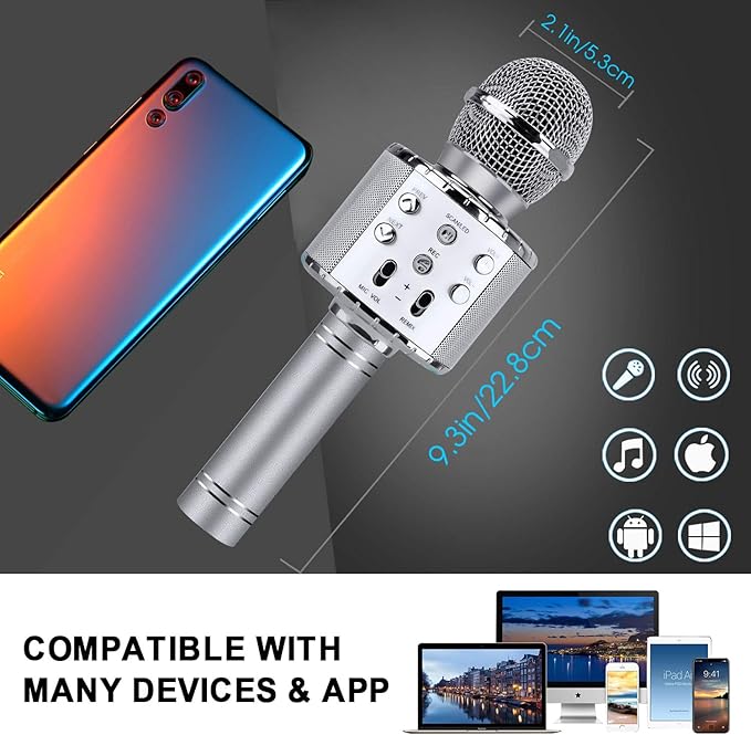 BlueFire 4 in 1 Karaoke Wireless Microphone with LED Lights, Portable Microphone for Kids, Great Gifts Toys for Kids, Girls, Boys and Adults (Silver)-CubbioJoy