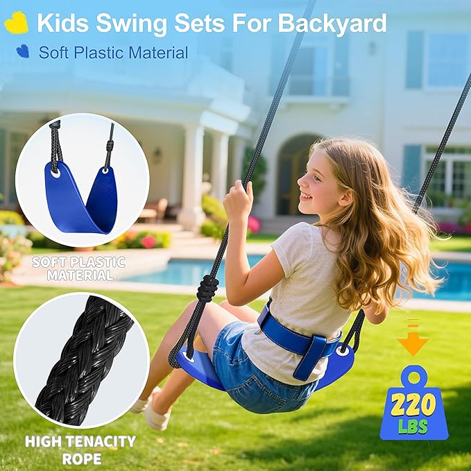 440lbs Kids Swing Set, 3-in-1 Outdoor Playground with Saucer Swing, Belt Seat & 4ft Trampoline, Heavy Duty A-Frame Metal Stand & Safety Stakes, Backyard Playset for Toddlers 3-8 Years Old-CubbioJoy