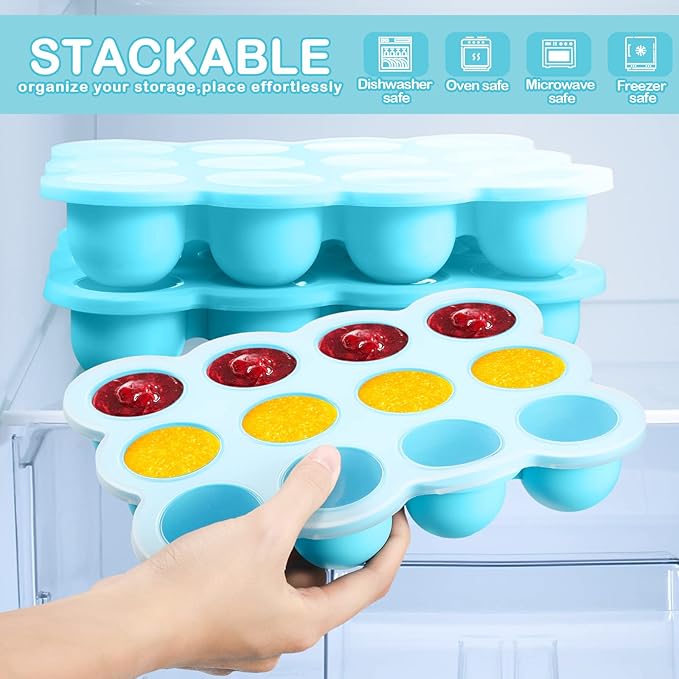 3 Pcs Baby Food Storage Container 12 Cup Silicone Baby Food Freezer Tray with Lid Stackable Reusable Silicone Baby Food Freezer Storage Tray for Food Vegetable Fruit Puree and Breast Milk (Blue)-CubbioJoy