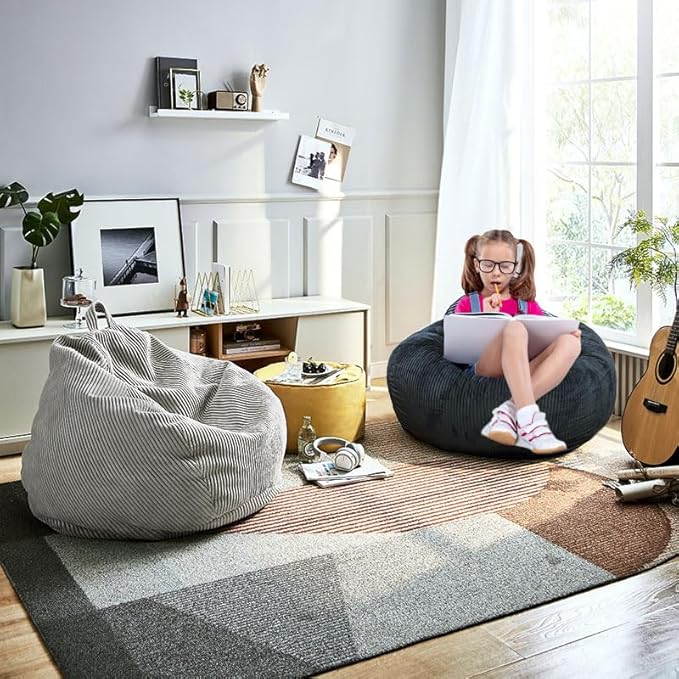 Classic Bean Bag Chair, with Faux Rabbit Fur Cover for Teens and Kids, Memory Foam Bean Bag Chairs, Ultra Soft Faux Fur Fabric, 2.5 feet Round Fluffy Bean Bag Sofa-CubbioJoy