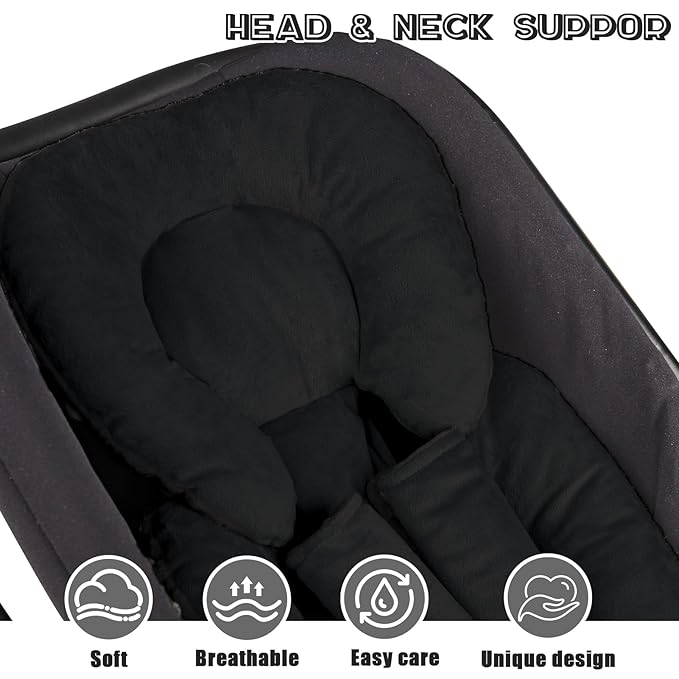 Infant Car Seat Insert Head and Body Support, GFU Reversible Newborn Insert for Carseat with Strap Pads, Soft Stroller Cushion Pillow Insert for Boys and Girls, Fits for Stroller, Swing, Black-CubbioJoy
