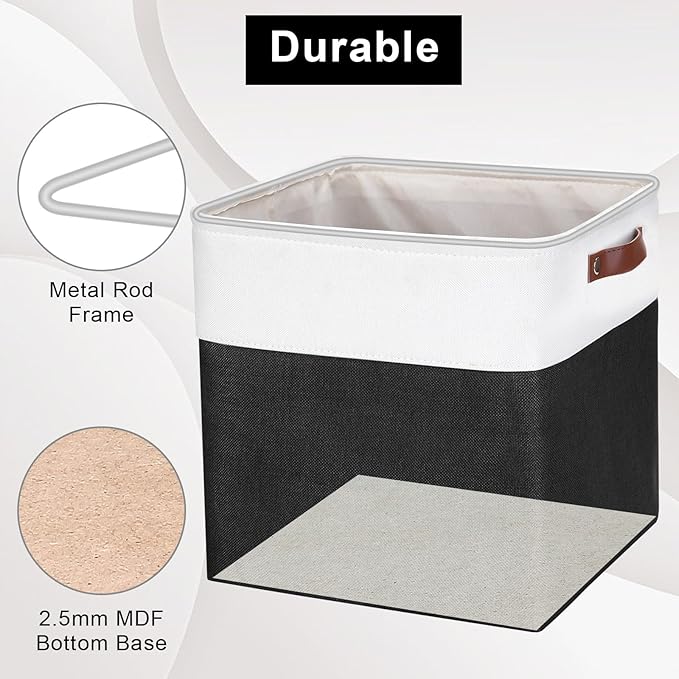 13x13 Cube Storage Bins, Collapsible Fabric Storage Box, 4 Pack Closet Baskets with Handles for Organizing, Shelf, Toys, Clothes, Home, Office, Nursery (Black&White)-CubbioJoy