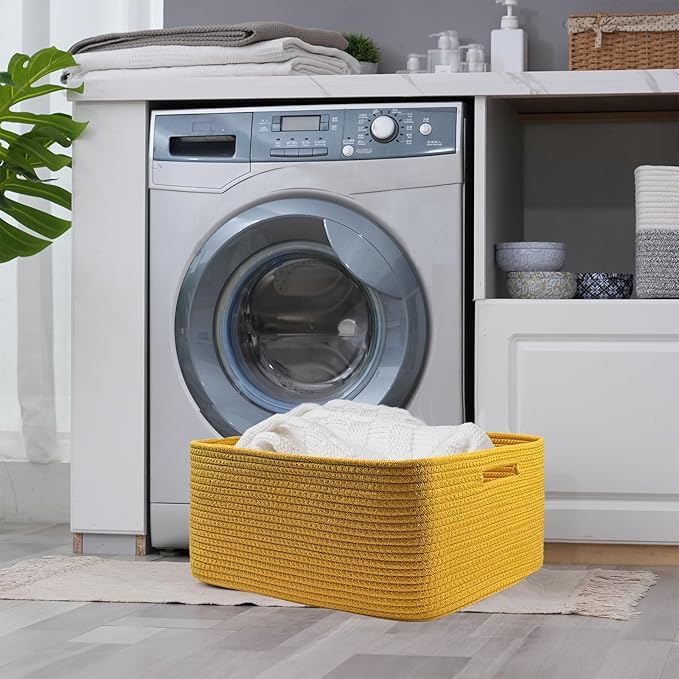 COMFY-HOMI Cotton Rope Woven Basket with Handles for Shelves,Toys,Book, Cloth Storage Baskets for Organizing-17" x 13" x 7.5" Toy Decorative Organizer for Living Room, Bathroom （Yellow）-CubbioJoy