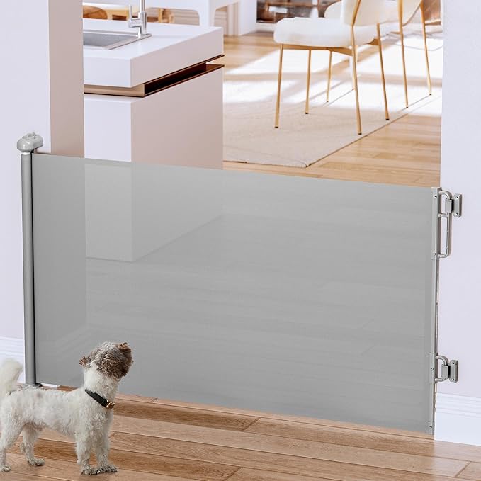 Cumbor 55" Wide Retractable Baby Gates for Doorways, Mom's Choice Award - Mesh Dog Gate for The House, One-Hand Opening Safety Child Gates for Stairs, Pet Puppy Fence Indoor & Outdoor, Gray-CubbioJoy