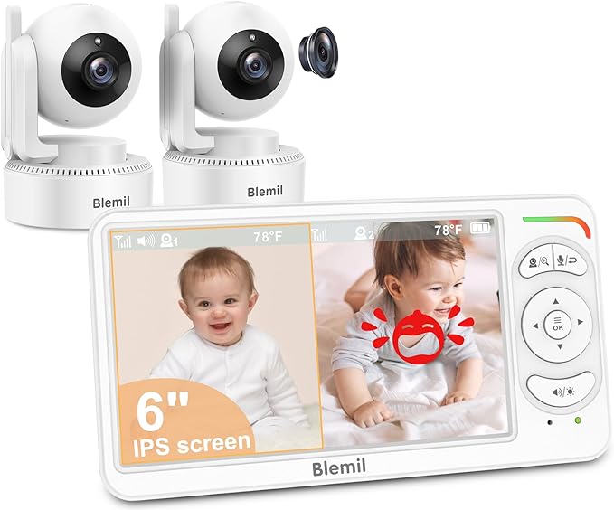 6" Baby Monitor with 2 Cameras 4000mAh Battery Upgrade Split Screen Video Baby Monitor No WiFi Remote Pan-Tilt-Zoom Auto-Night Vision 150 Languages ECO Mode 2-Way Talk 1000FT (Ideal Condition)-CubbioJoy