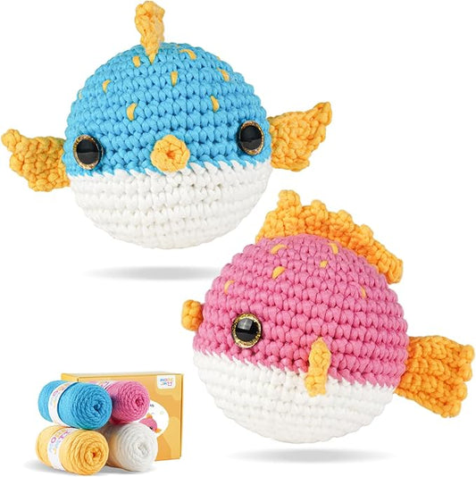 Crochet Kit for Beginners, Learn to Crochet, Include Easy Knitting Soft Yarn, Step-by-Step Video Tutorial, Hook, Holiday Birthday Gift for Adults and Kids(2 Pack Blowfish)-CubbioJoy