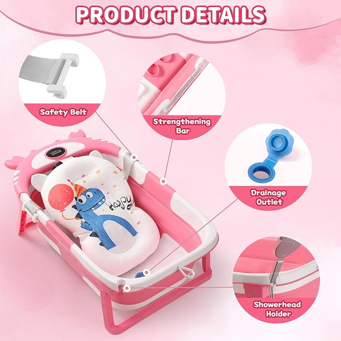 Baby Bathtub,Collapsible Baby Bath Tub with Thermometer & Soft Floating Cushion,Portable Travel Baby Bathtubs for Newborns to Toddlers 0-36 Months(Crab Gray)-CubbioJoy
