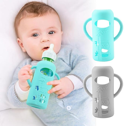 2 Pack Silicone Sleeves for Dr. Brown's Glass Baby Bottles, Anti Breakage Durable Baby Bottle Holder with Easy Grip Handles, Narrow Sleeve with a Cutout, Dishwasher/Freezer/Microwave Safe, 8 oz-CubbioJoy