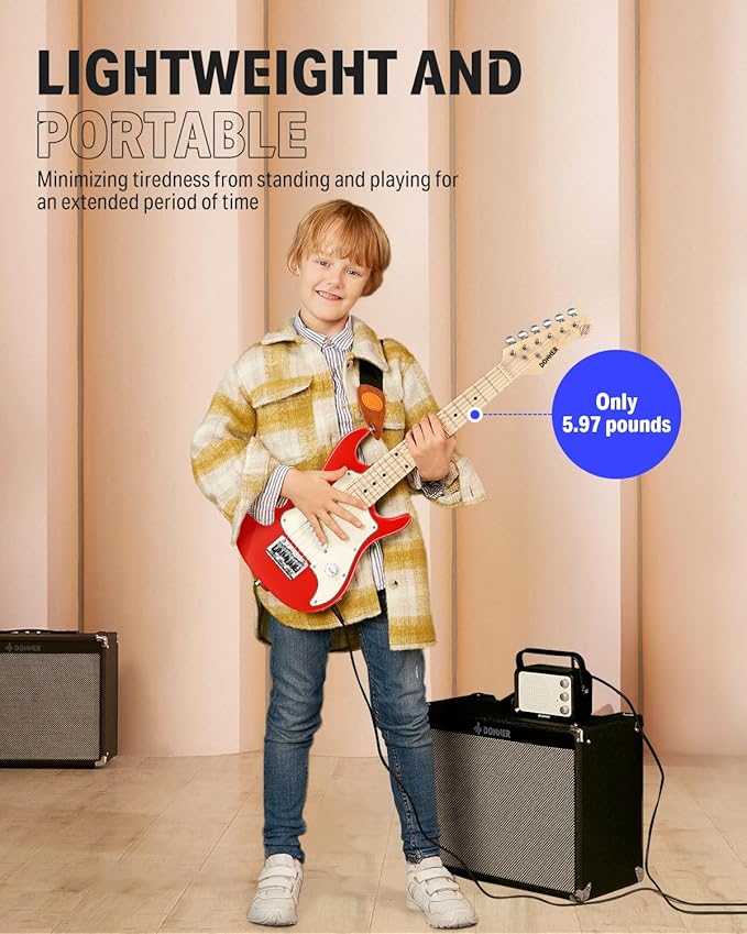 Donner 30 Inch Kids Electric Guitar Beginner Kits ST Style Mini Electric Guitar for Boys Girls with Amp, 600D Bag, Tuner, Picks, Cable, Strap, Extra Strings, DSJ-100, Red-CubbioJoy