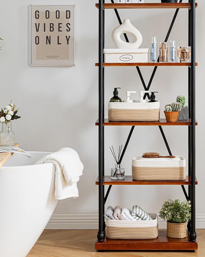 KALLAX Small Woven Basket, 12 x 8 x 4.5 Inches, Storage Basket for Organizing, Cute Small Rope Shelf Closet Cube Storage Bins Baskets for Shelves, Dog Toy Gift Baskets Empty, 3 Pack White & Brown-CubbioJoy