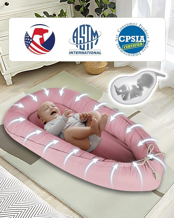 Baby Lounger - Infant Lounger for Newborn 0-24 Months, Pure Cotton Breathable Baby Nest Lounger Cover, Newborn Essentials for Baby Boys & Girls, Co Sleeper Portable Baby Bed for Home and Travel-CubbioJoy