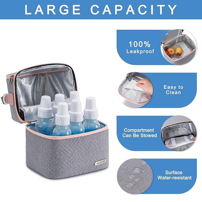Breastmilk Cooler Bag with Ice Pack Fits 6 Baby Bottles up to 9 Ounce, Breast Milk Pump Cooler Bag with Shoulder Strap for Nursing Mom Daycare, Work, Travel- Grey-CubbioJoy