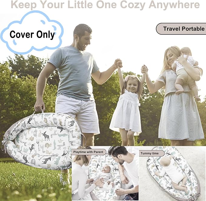 Baby Lounger Cover for Newborns, 100% Cotton Soft Portable Baby Nest Lounger Cover, Breathable Infant Lounger Replacement Cover, Lounger Pillow Cover Fit for Snuggle Me, Cover Only(Animal Pattern)-CubbioJoy