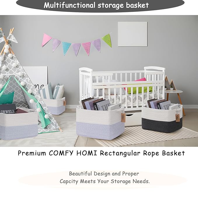 COMFY-HOMI 3PACK Cotton Rope Square Baske with Handles for Shelves|Dog Toy Baske Bin and Storage|Baby Baske for Gift|Shoe Baske for Organizing|13.5" x 11" x 9.5" for Living Room（White/Blue）-CubbioJoy