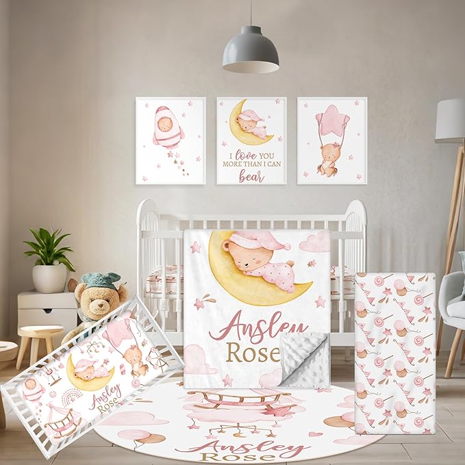 Custom Crib Bedding Set, 5 Pcs Customized Baby Crib Set with Name, Soft Double Layer Nursery Baby Bedding Set for Girls Boys, Personalized for Infants Toddlers, Pink Moon Bear-CubbioJoy