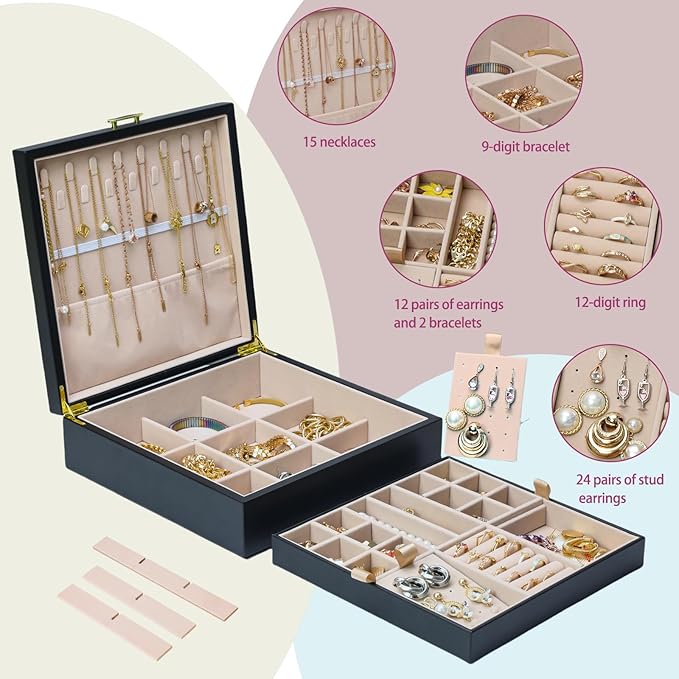 2-layer jewelry box，Jewelry Organizer with Handle，with hanging necklace hooks, detachable jewelry trays, suitable for storing a large amount of jewelry gift box (Large-Black)-CubbioJoy
